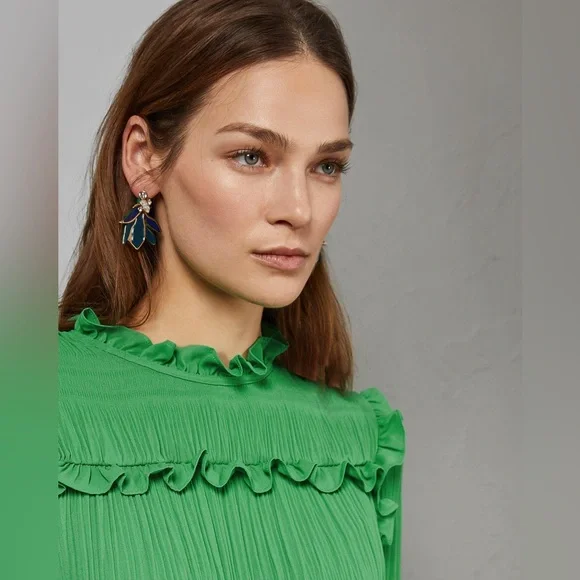 Ted Baker London Airlie Pleated Smocking High Neck Crepe Ruffled Blouse Large - Picture 2 of 11